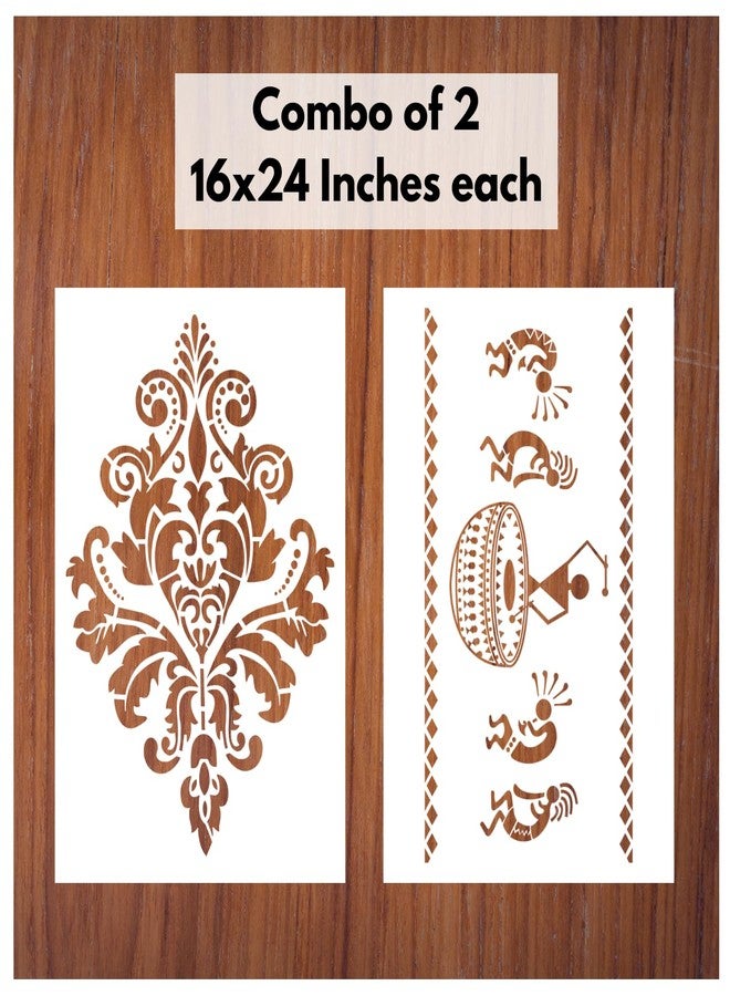 StenCart Combo of 2 Damask Jodhpur Design & Drum Warli Art Stencils for Wall Painting DIY Reusable Wall Stencil Design for Wall Decoration (16x24 inch) -Pack of 2 - Image 1